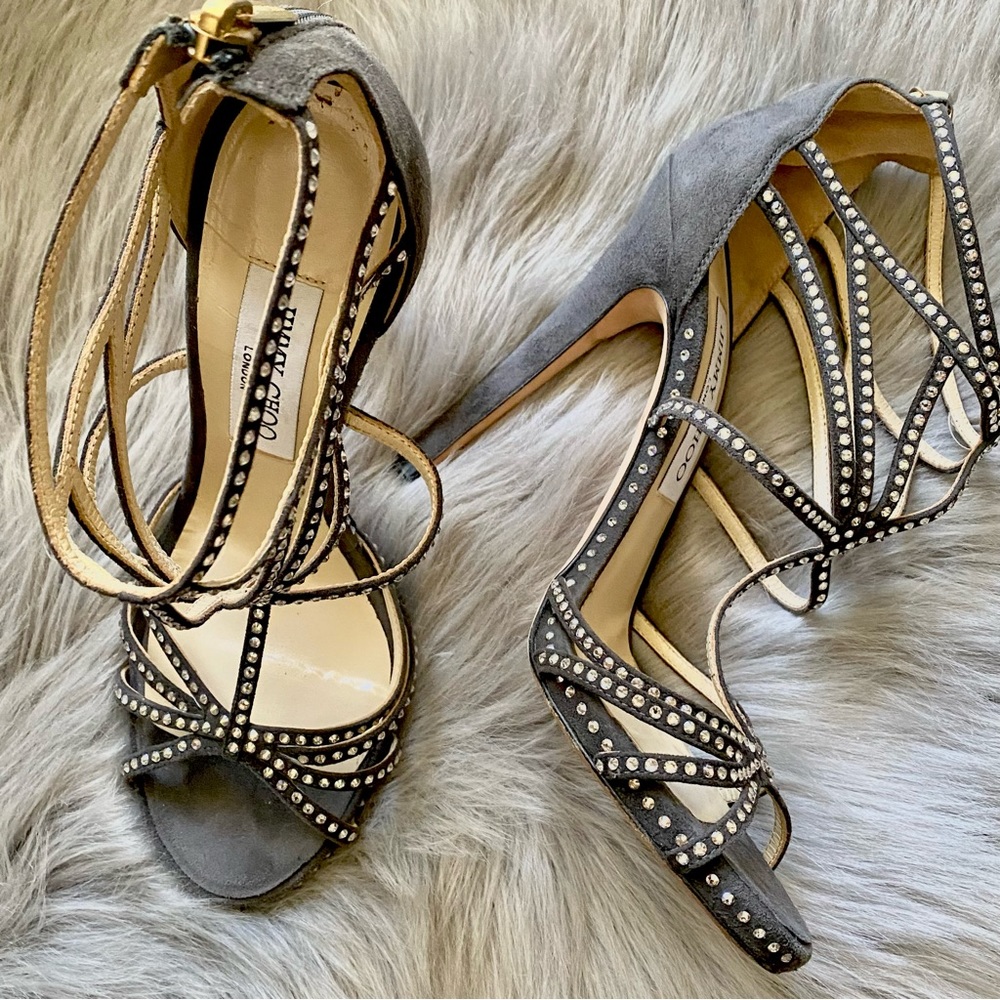 Jimmy Choo Gray Leather Vendetta Crystal Embellished Strappy Heel Sandals